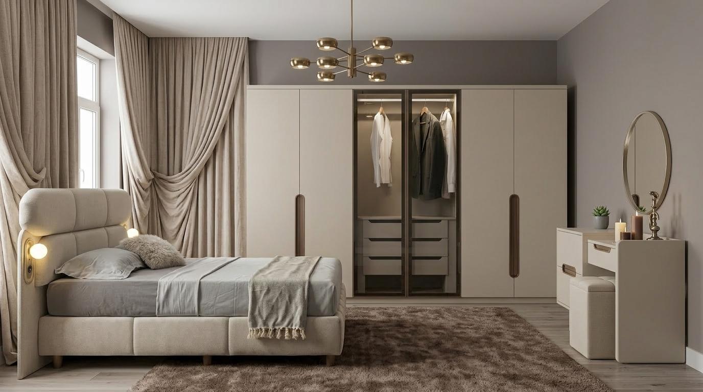 Moderne Beige Schlafzimmer Garnitur Textilbett Designer Kommode