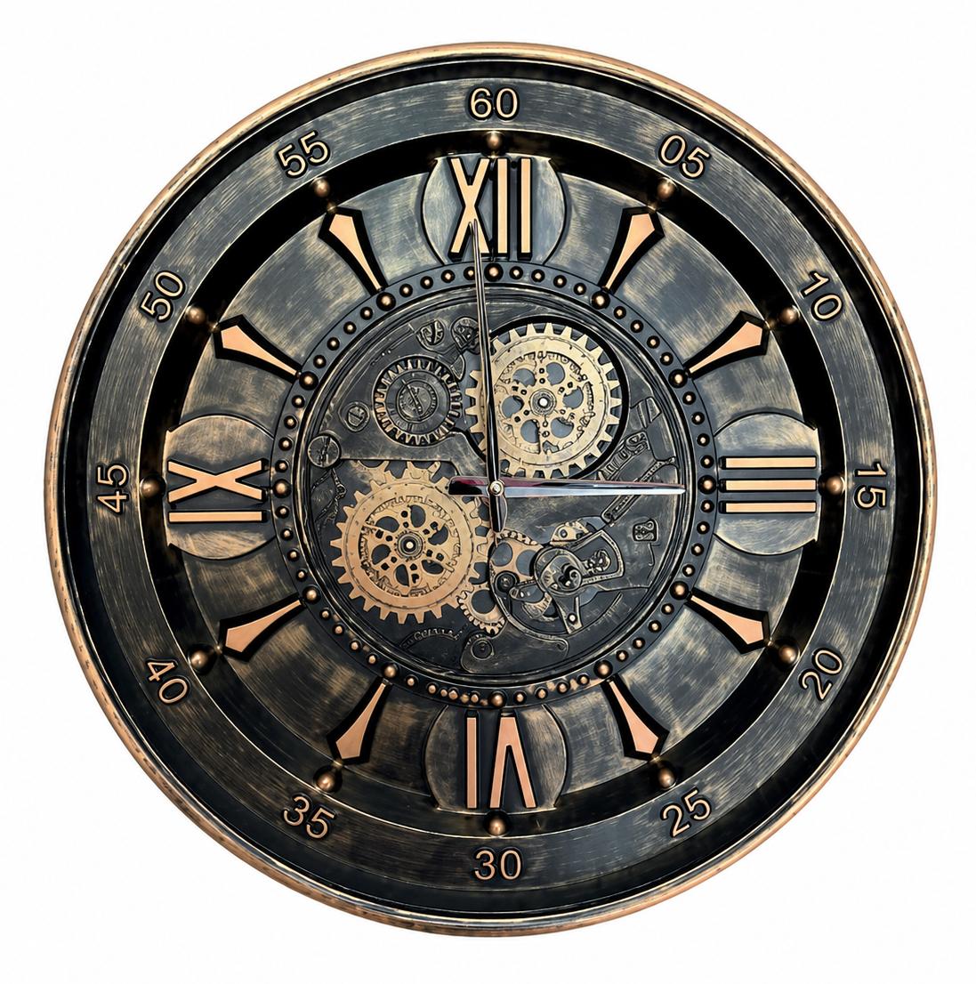 Industrielle Wanduhr Vintage Schwarz Gold Zahnräder Mechanisch Dekor