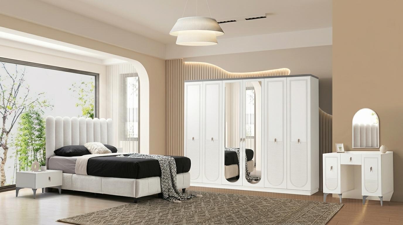 Schlafzimmer-Set Bett Kopfteil Schrank Kommode Spiegel 2x Nachttische
