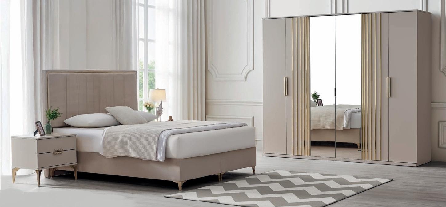 Luxuriöse Schlafzimmer Garnitur Textilbett 2x Nachtkonsolen Schrank