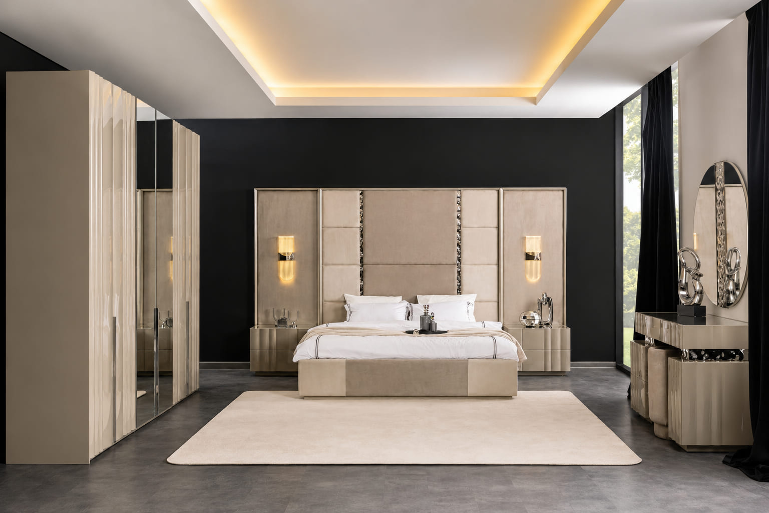 Edle Beige Schlafzimmer Garnitur Polsterbett Schrank Schminktisch