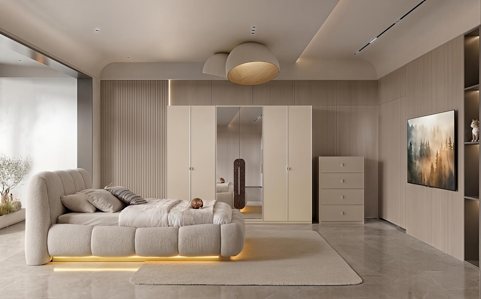 Schlafzimmer Set Bett Kleiderschrank Kommode Beige Modern Design Edel
