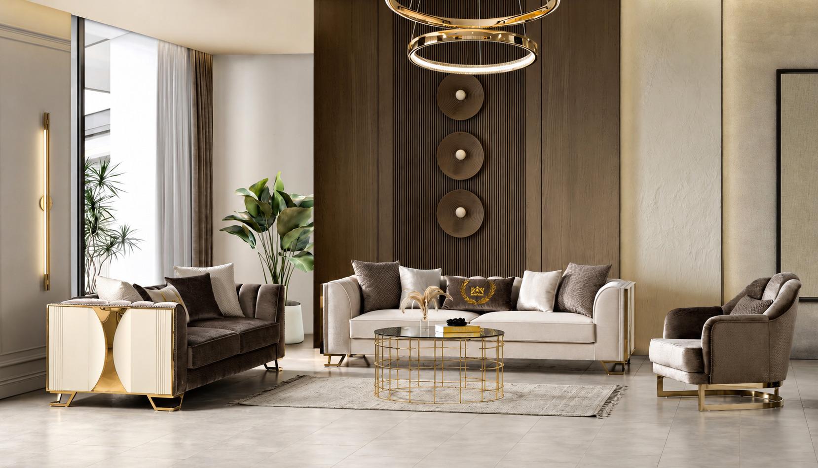 Beige-braunes Sofa set 3-Sitzer Sofa Sessel Wohnzimmer Weich modern