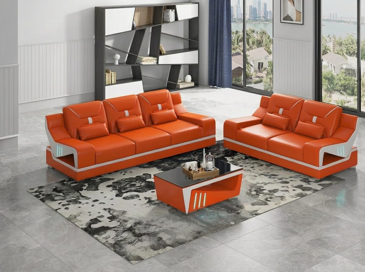 Modern Wohnzimmer Set LED 3-Sitzer 2-Sitzer Sofa Couch Orange Weiß