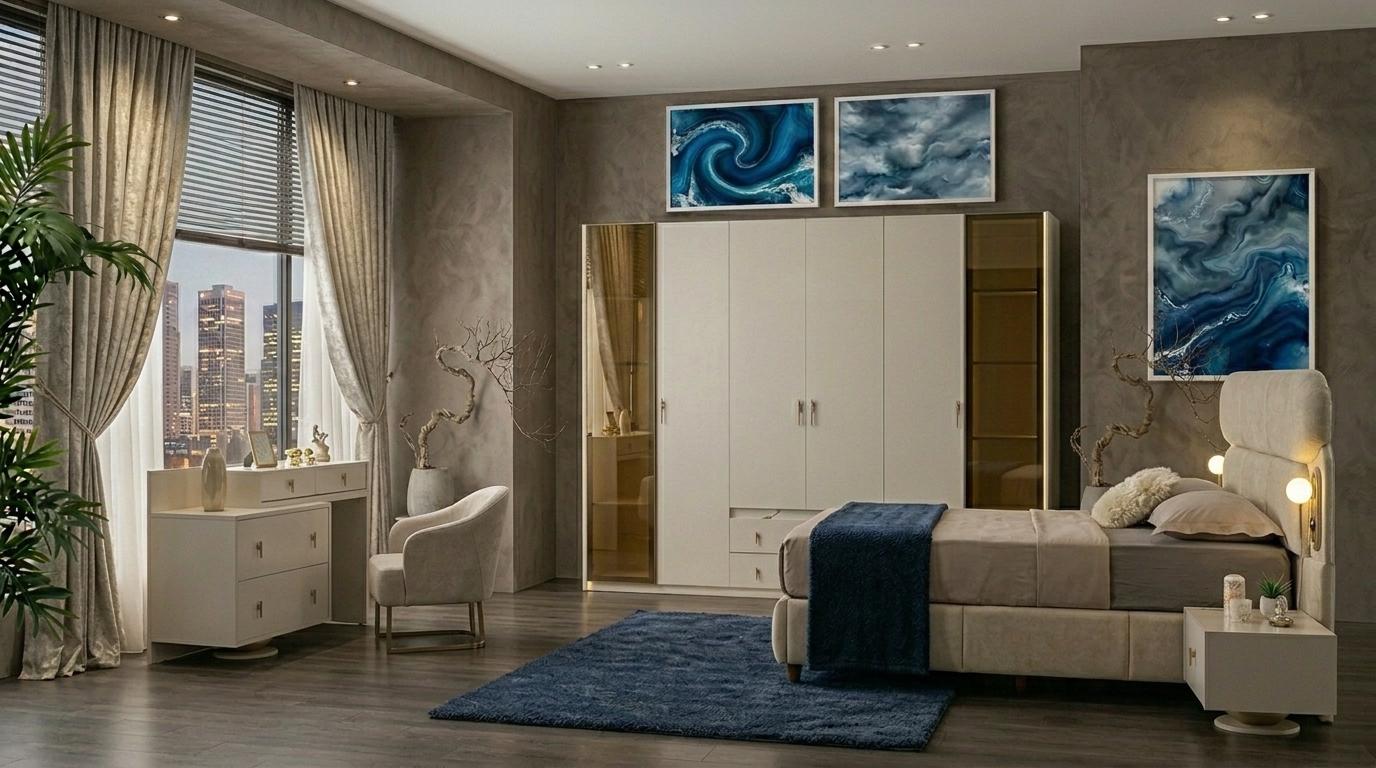 Schlafzimmer-Set Schrank Bett Kopfteil Kommode 2x Nachttische Modern