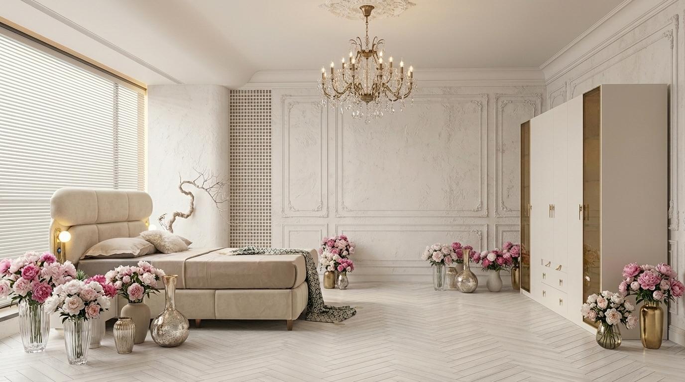 Schlafzimmer-Set Schrank Bett Kopfteil Modern Beige Weich Bequem