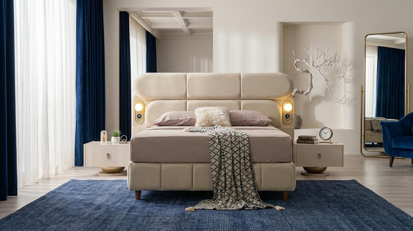 Schlafzimmer-Set Bett Kopfteil 2x Nachttische Modern USB Beige Weich