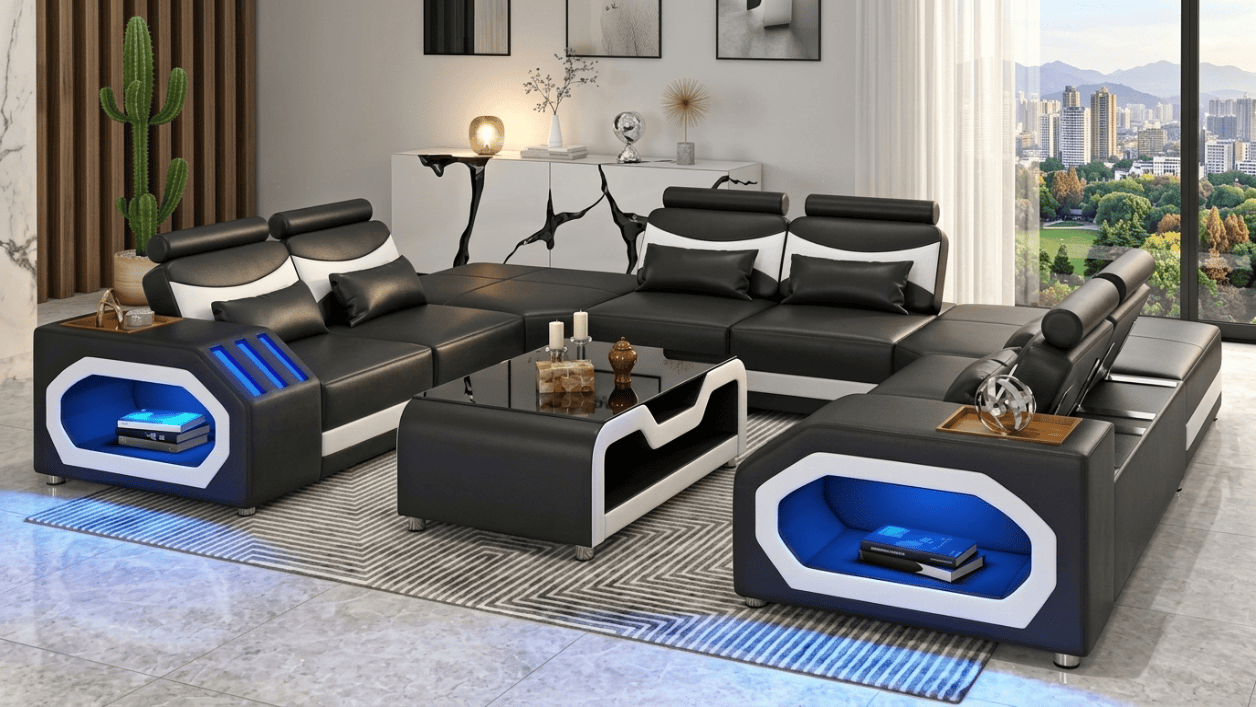 Modern Wohnlandschaft U-Form Couchtisch Schwarz LED Sofa Set Couch *