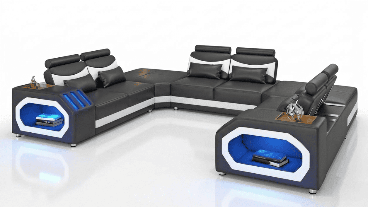 Modern Wohnlandschaft U-Form Schwarz LED Sofa Set Couch Elegant Modern *