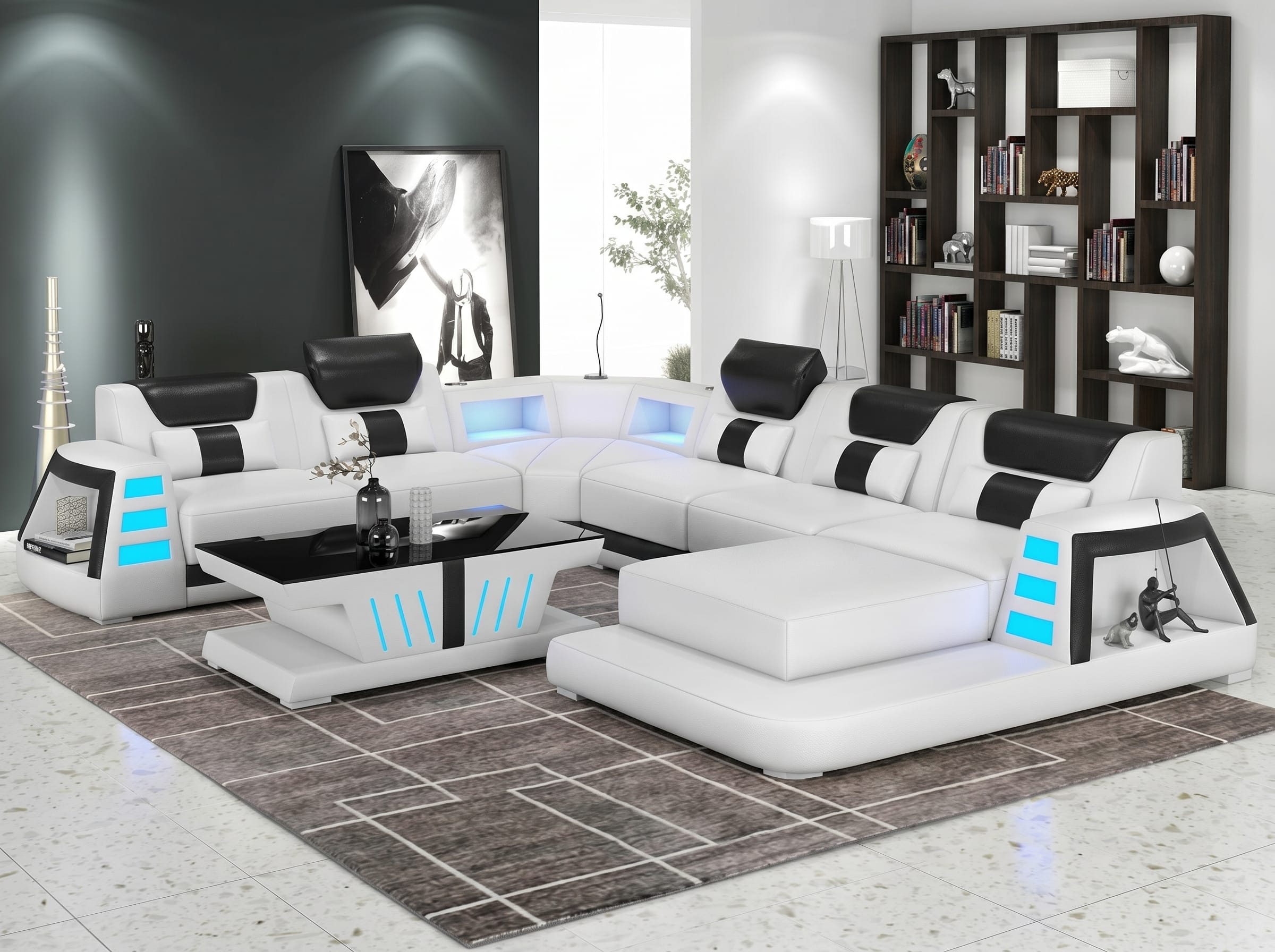 Modern Wohnlandschaft U-Form Couchtisch LED Schwarz Weiß Sofa Set *