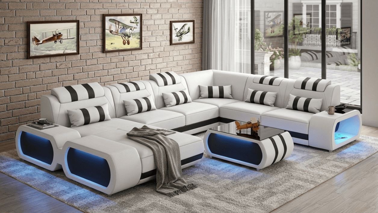 Modern Wohnlandschaft U-Form Couchtisch Weiß LED Sofa Set Komfort *