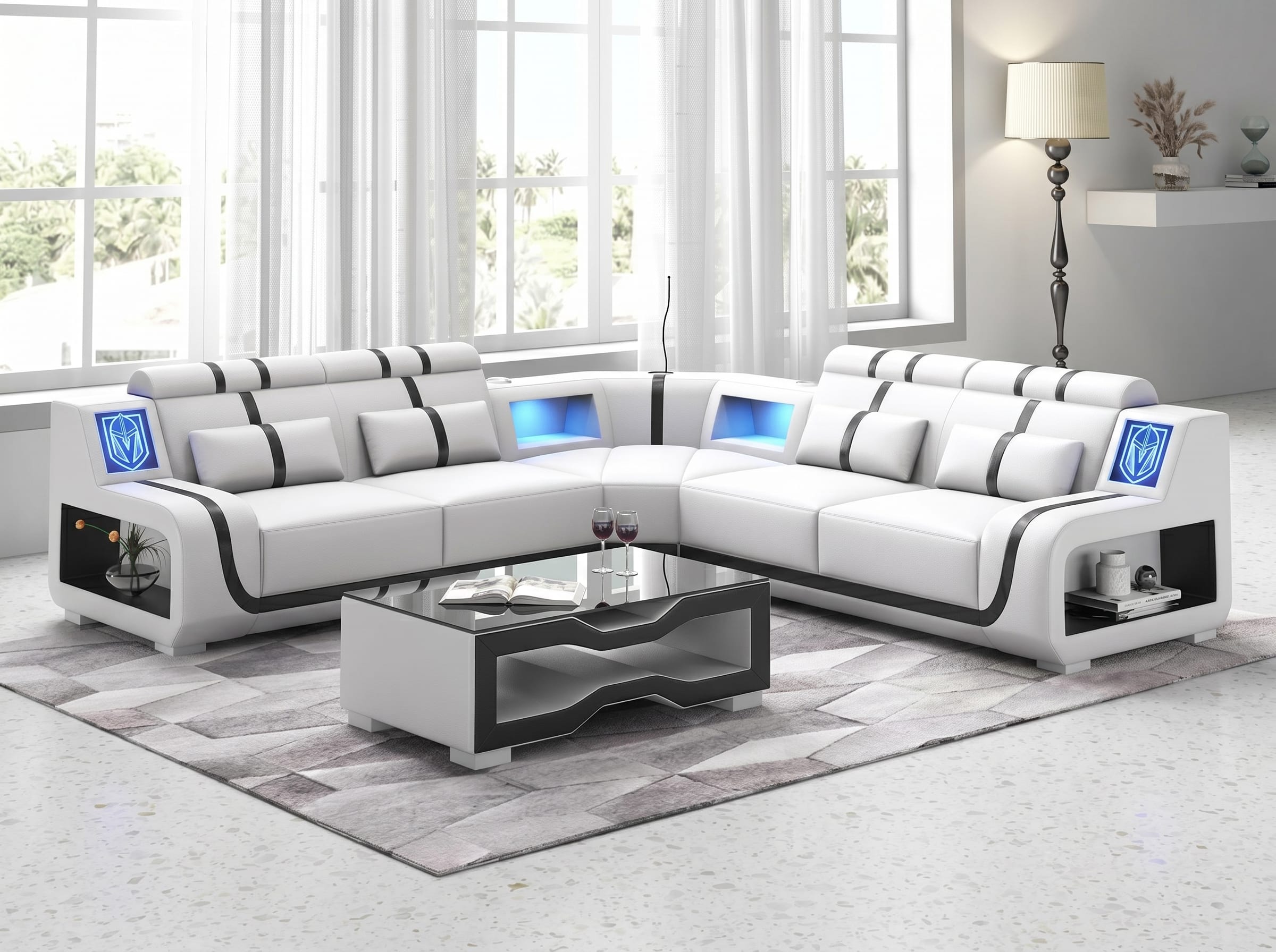 Ecksofa L-Form Weiß Schwarz Couchtisch Modern Wohnzimmer Design Möbel *