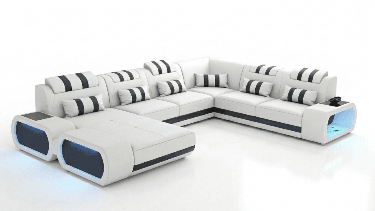 Modern Wohnlandschaft U-Form Weiß LED Sofa Set Couch Exklusiv Design *
