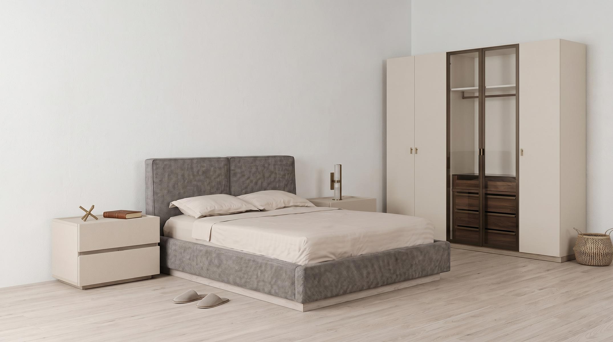 Modernes Schlafzimmer Set Beige Grau Bett Schrank Nachttische Design