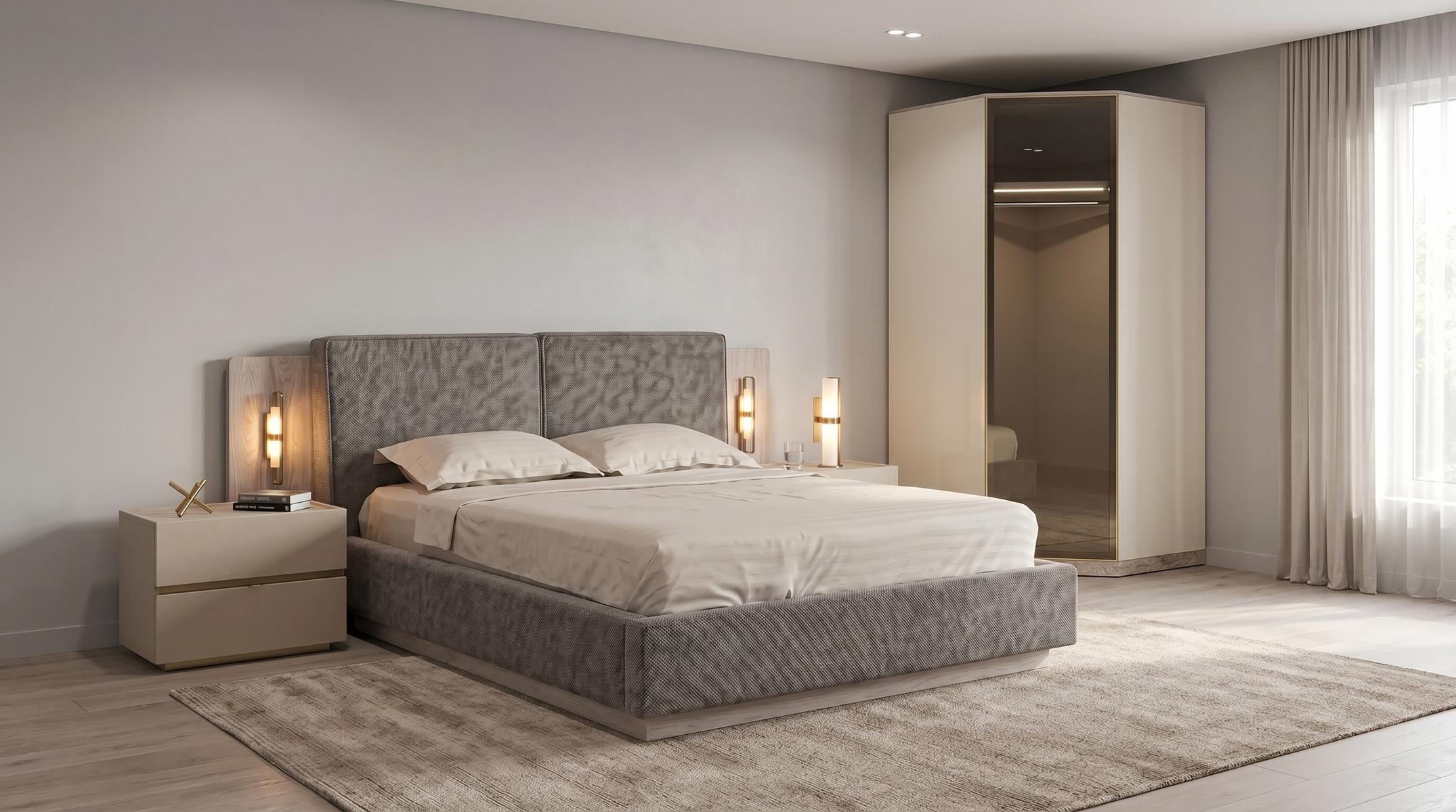 Schlafzimmer Set Modern Beige Bett 2x Nachttische Eckschrank statusbezogen