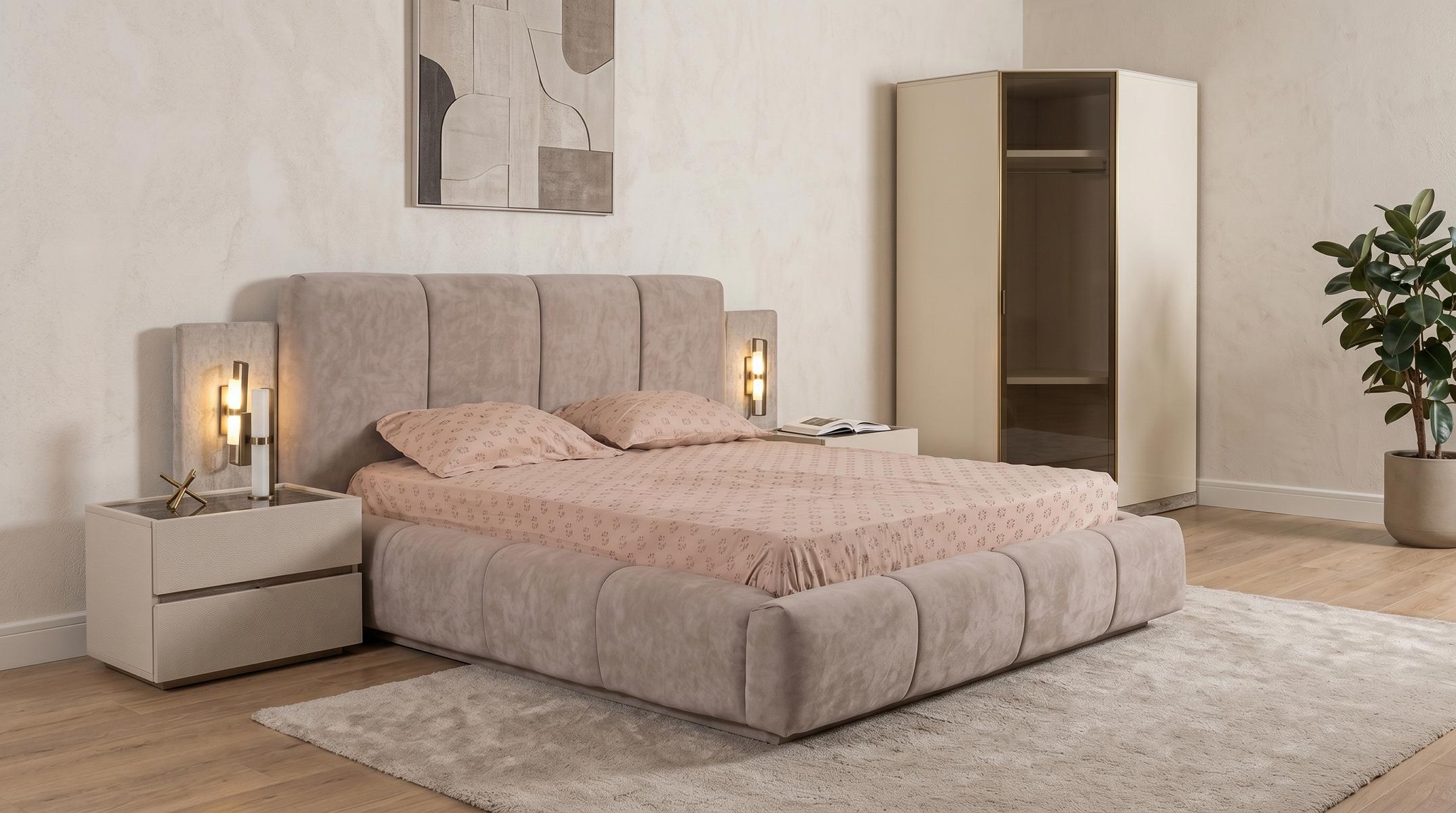 Schlafzimmer Set Modern Beige Bett 2 Nachttische Eckschrank statusbezogen
