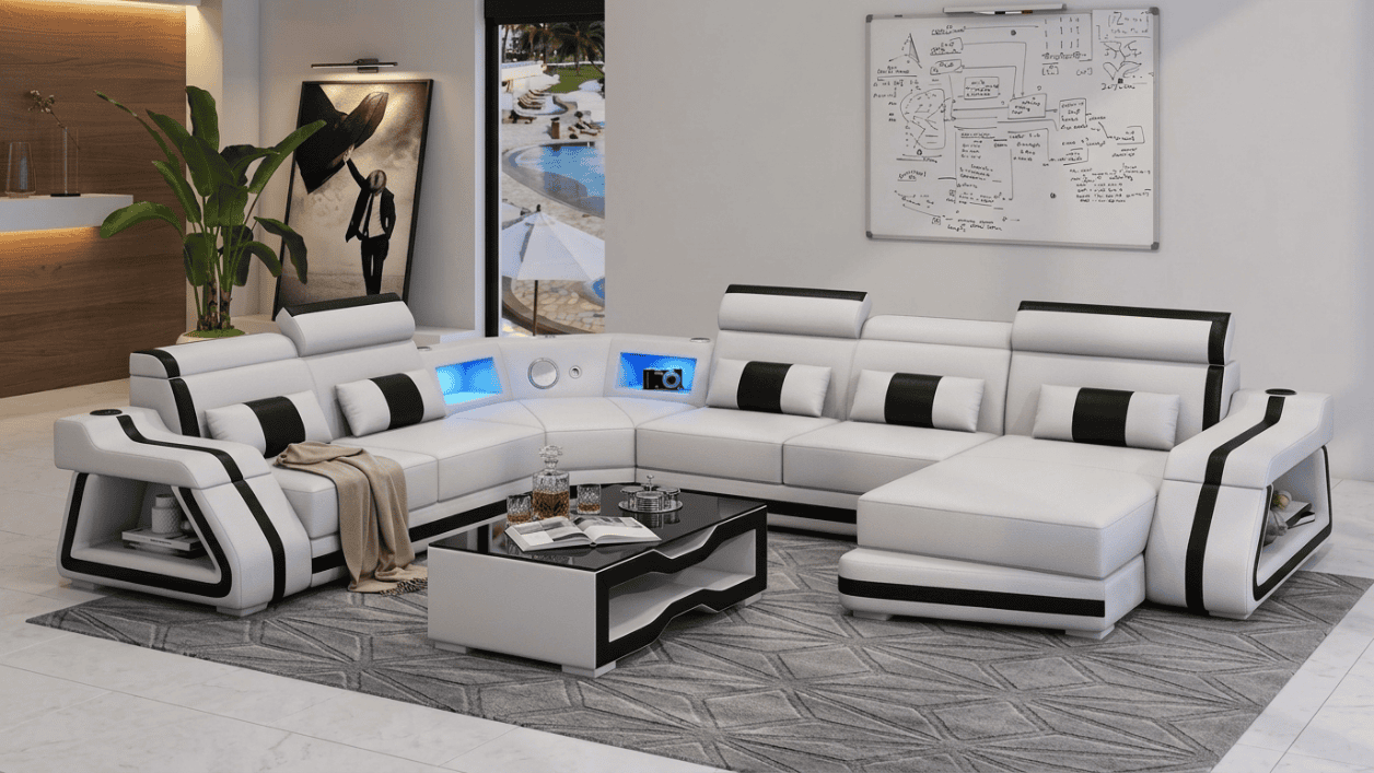 Modern Wohnlandschaft U-Form Couchtisch Weiß LED Sofa Set Couch Design *