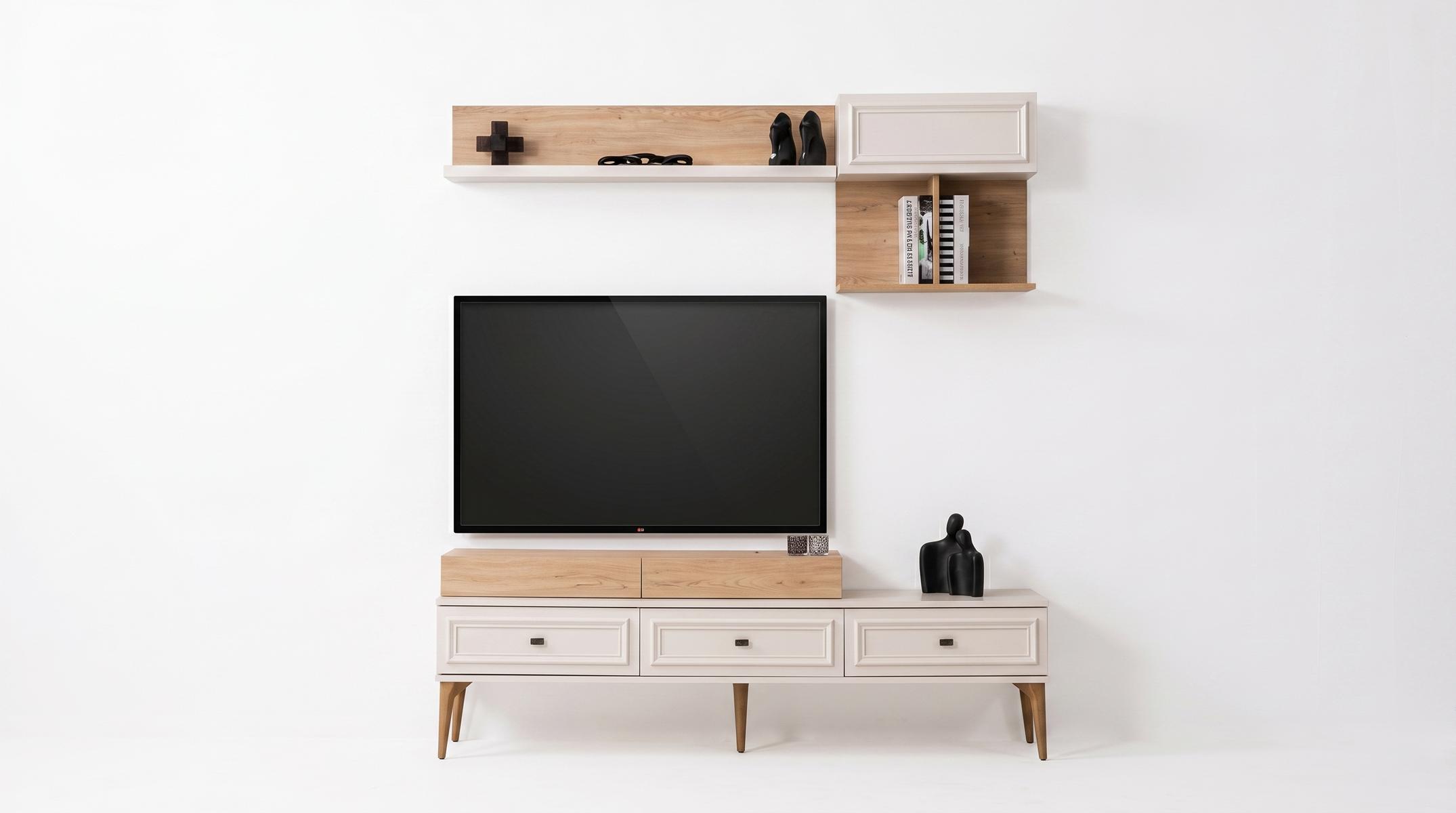 TV Wohnwand Alacati Landhaus Weiß Elegant Wohnzimmer Set Möbel