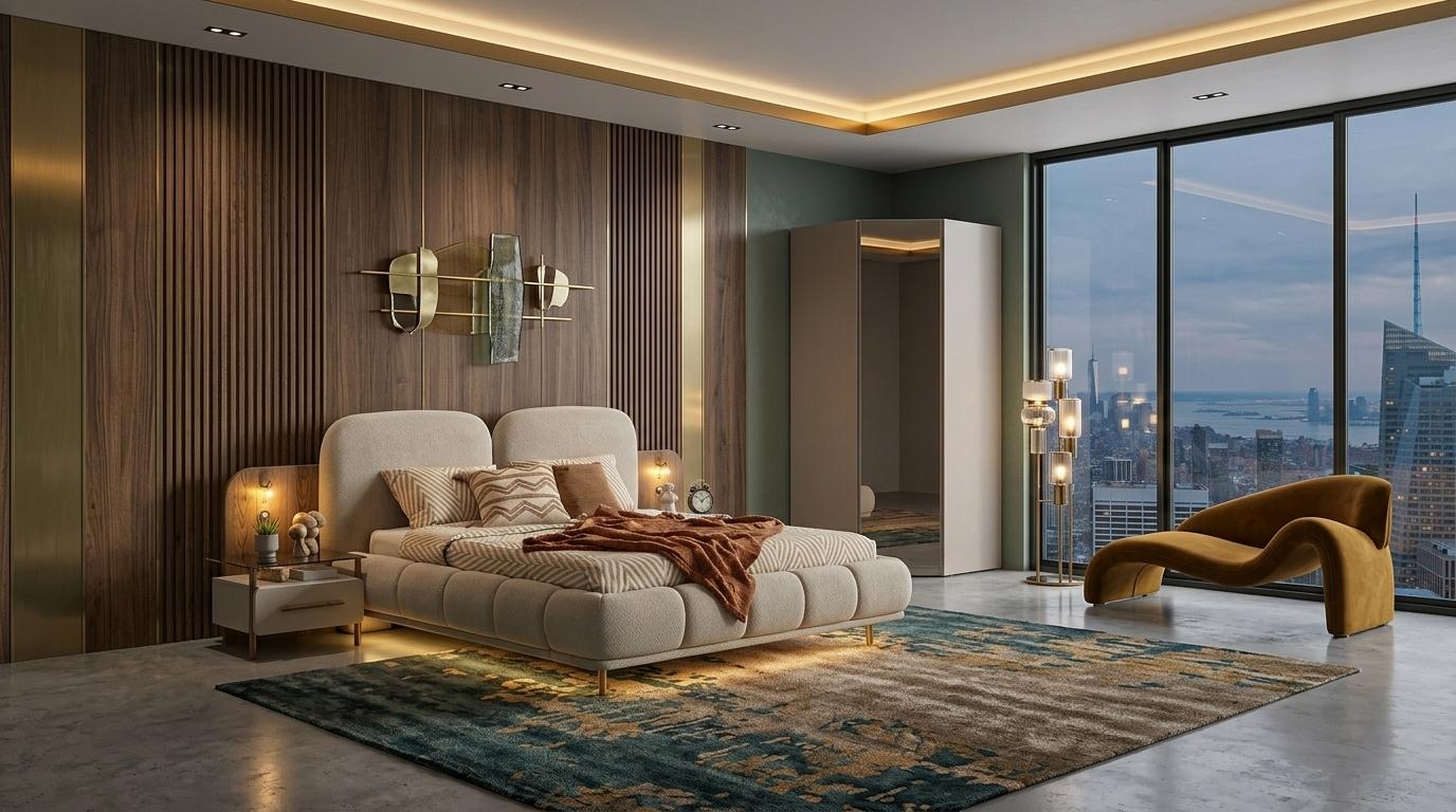 Bett 2x Nachttische Eckschrank Schlafzimmer Stil modern beige praktisch