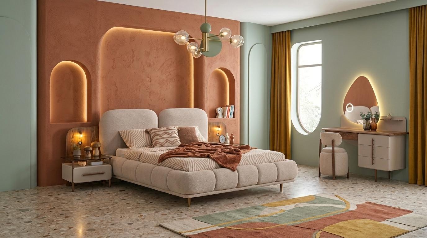 Bett 2x Nachttische Schminktisch Pouf weich Stil modern beige bequem