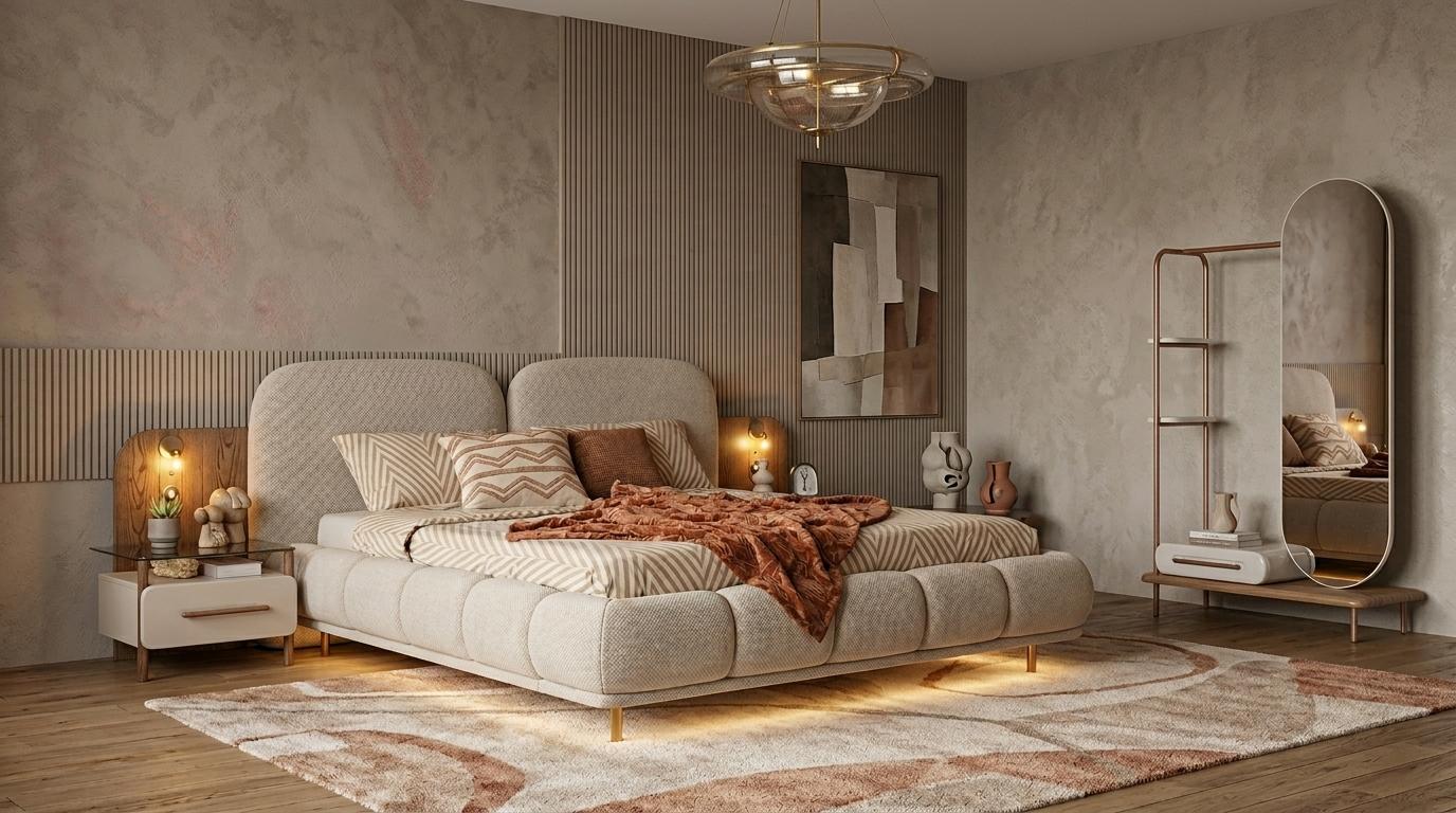 Bett 2x Nachttische Spiegel Schlafzimmer Stil modern beige komfortabel