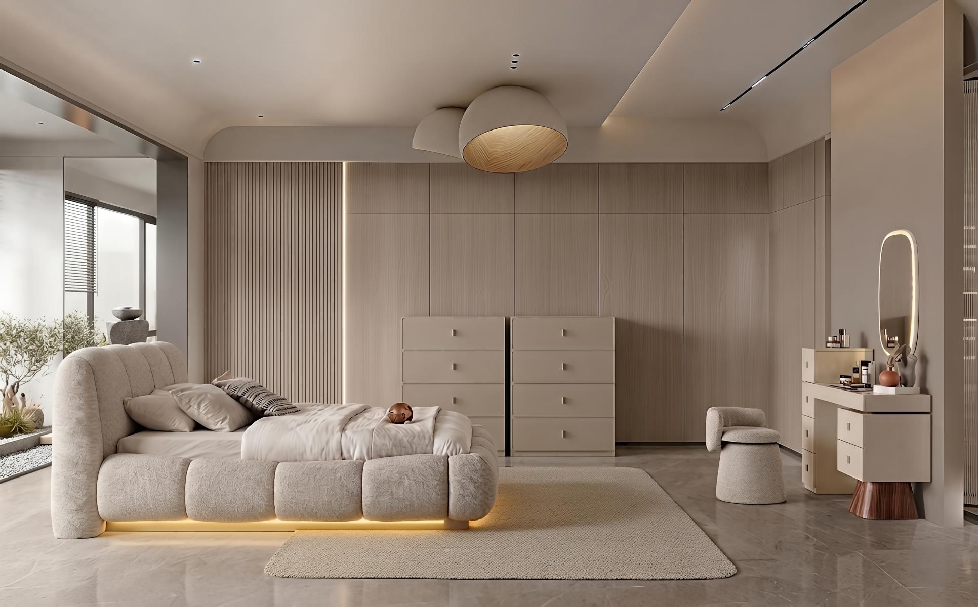 Schlafzimmer Set Bett Nachttisch Kommode Spiegel Modern Beige Luxus