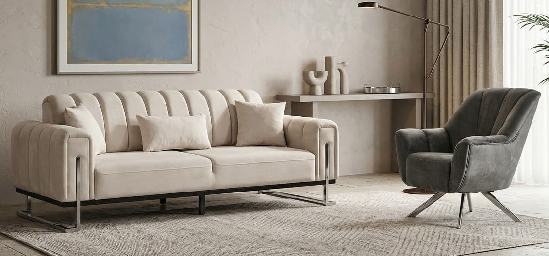 Sofa Set 1x 3-Sitzer Sofa 1x Sessel Grau Beigе Moderner Stil Luxuriöse