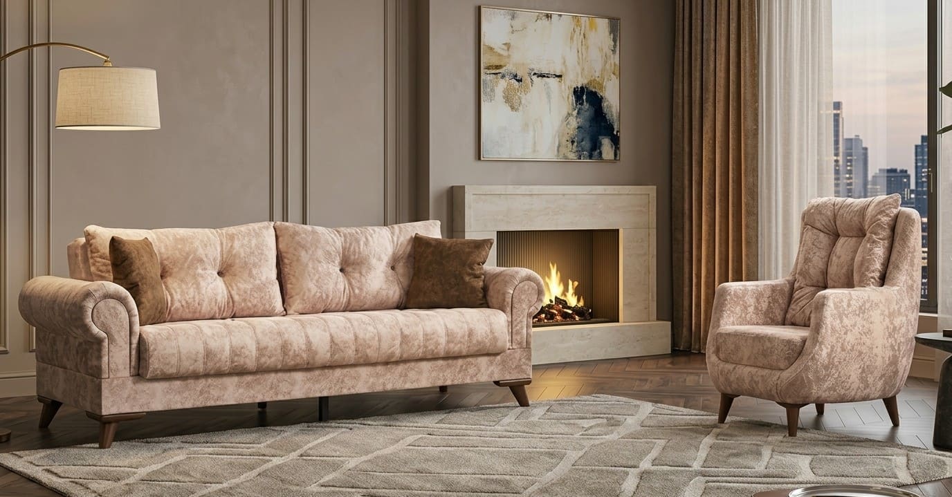 Sofa Set 1x 3-Sitzer Sofa 1x Sessel Beigе Moderner Stil Bequem Schick