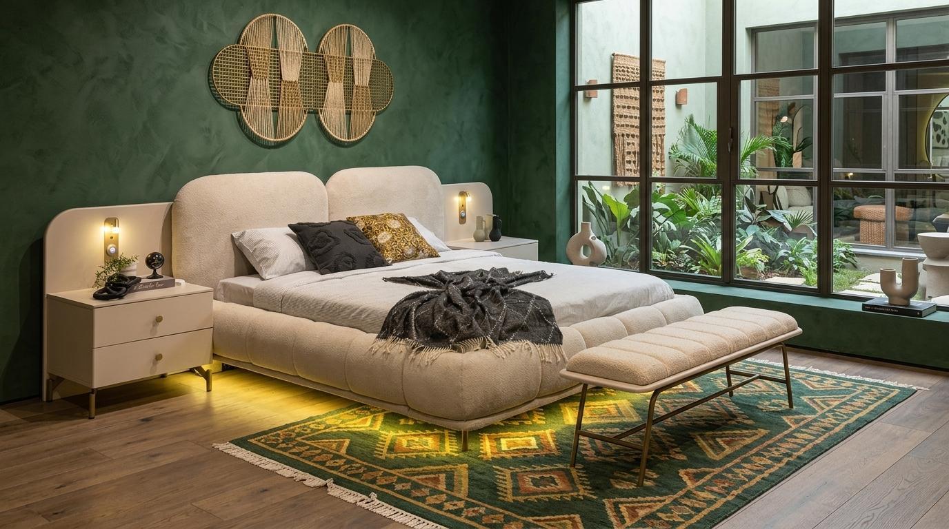 Bett 2x Nachttische Bank Schlafzimmer Stil modern beige bequem