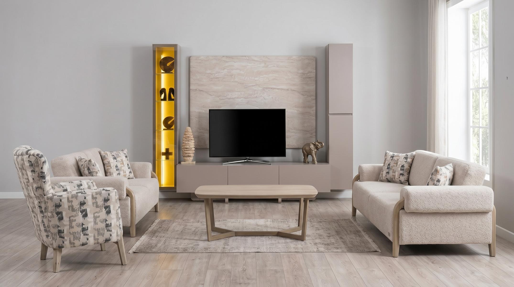 Modernes TV Wohnwand Set Couchtisch Sofa Sessel 3+3+1 Beige Luxus