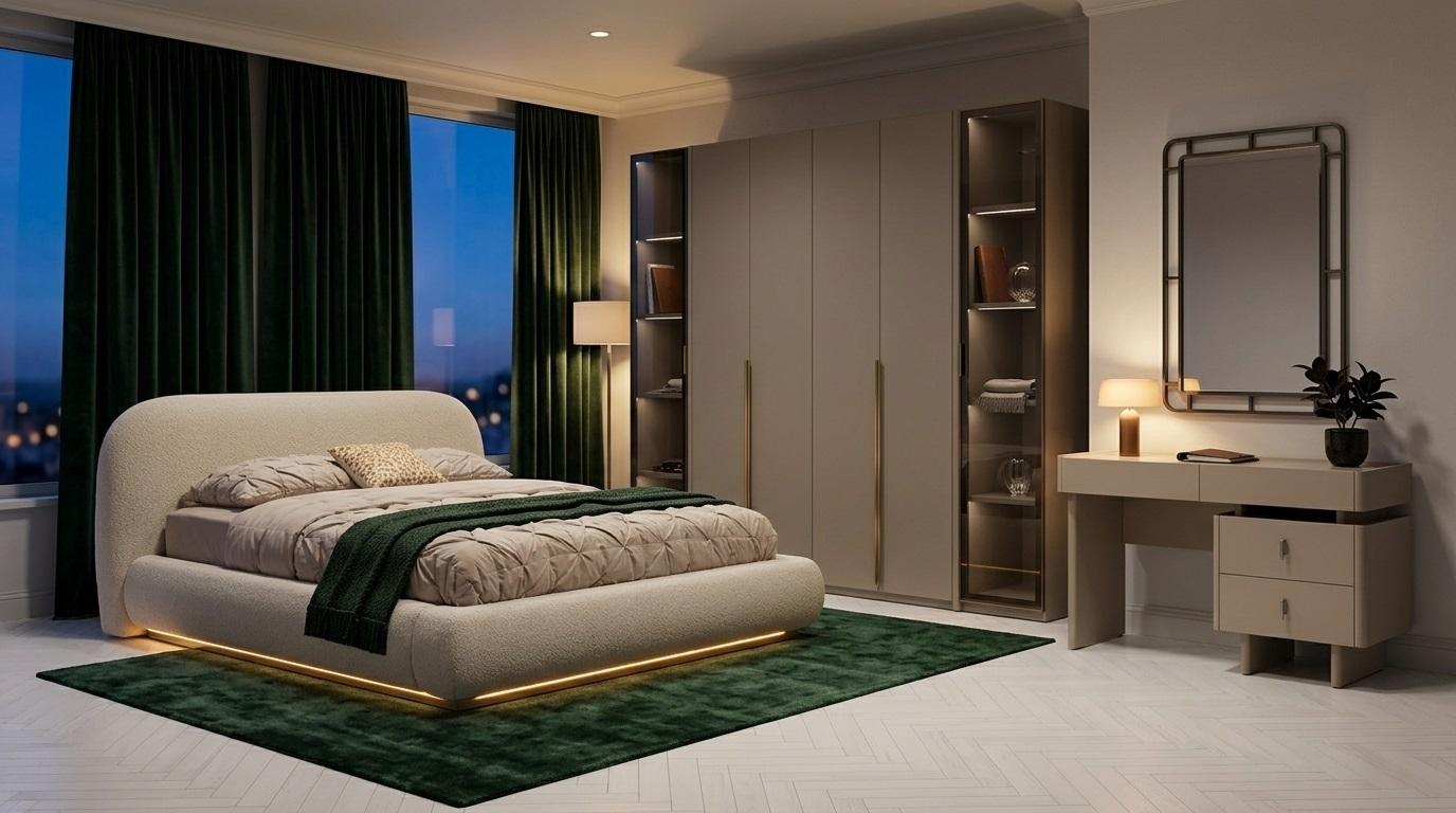 Schlafzimmer Set Bettgestell Schrank Kommode Modern Beige Vielseitig