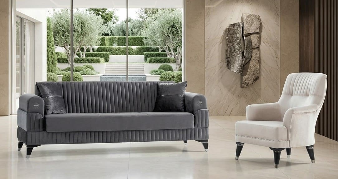 Sofa Set 1x 3-Sitzer Sofa 1x Sessel Grau Weiß Moderner Stil Elegant