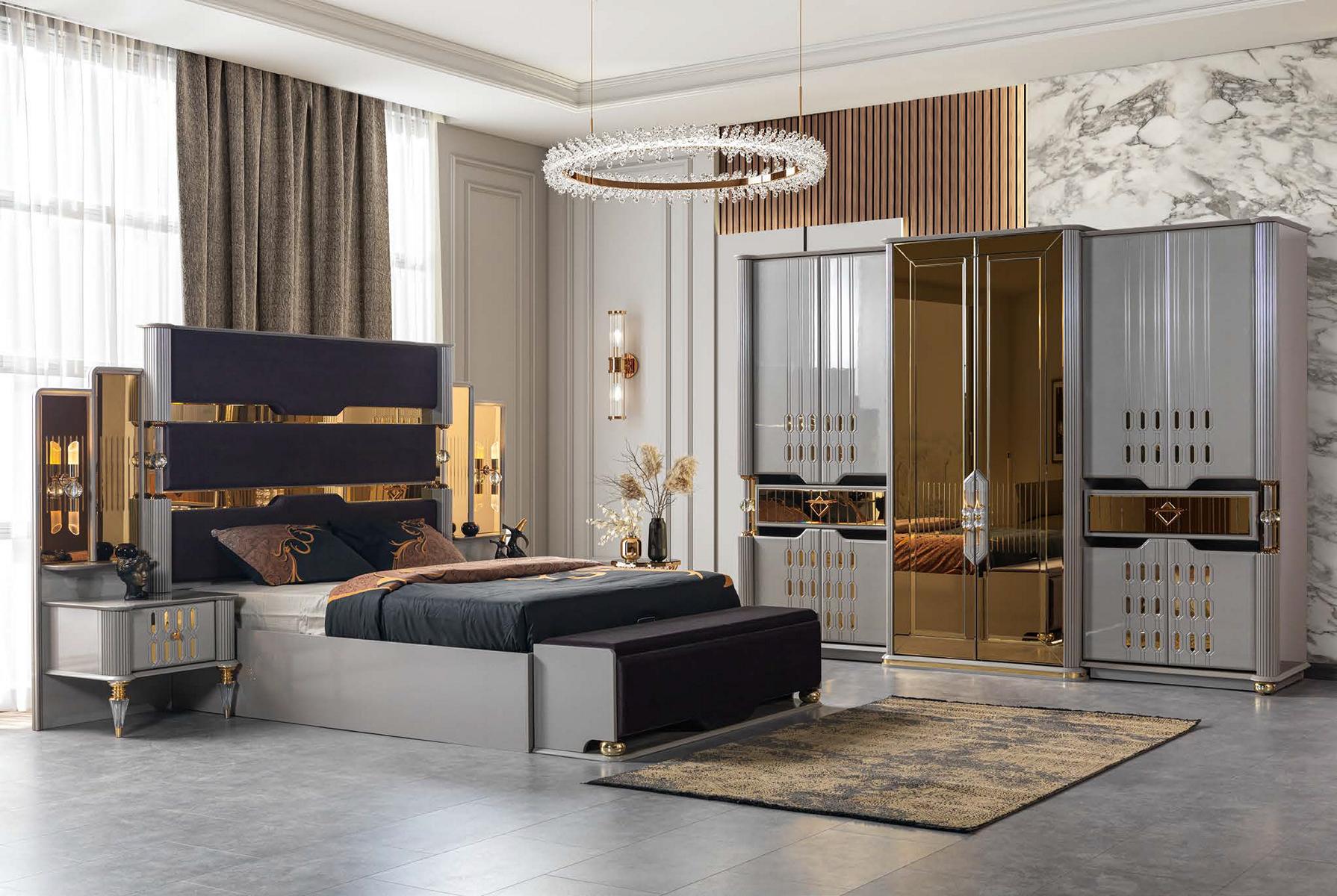 Schlafzimmer Bett Kleiderschrank Nachttisch grau goldfarben weich neu