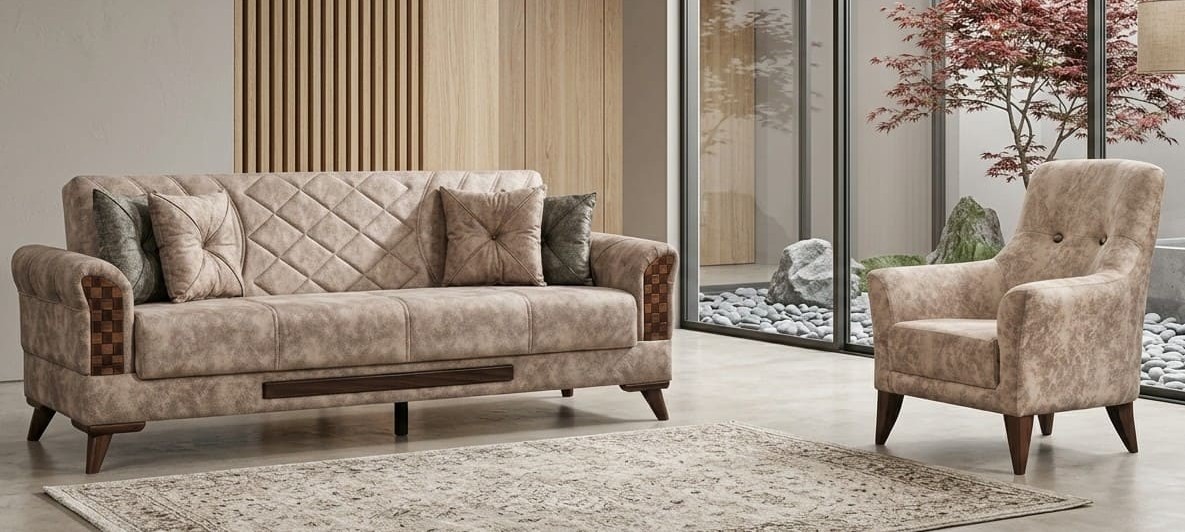 Sofa Set 1x 3-Sitzer Sofa 1x Sessel Beigе Moderner Stil Auffällig