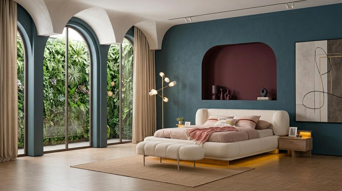 Bett 2x Nachttische Bank Schlafzimmer Stil modern beige praktisch bequem