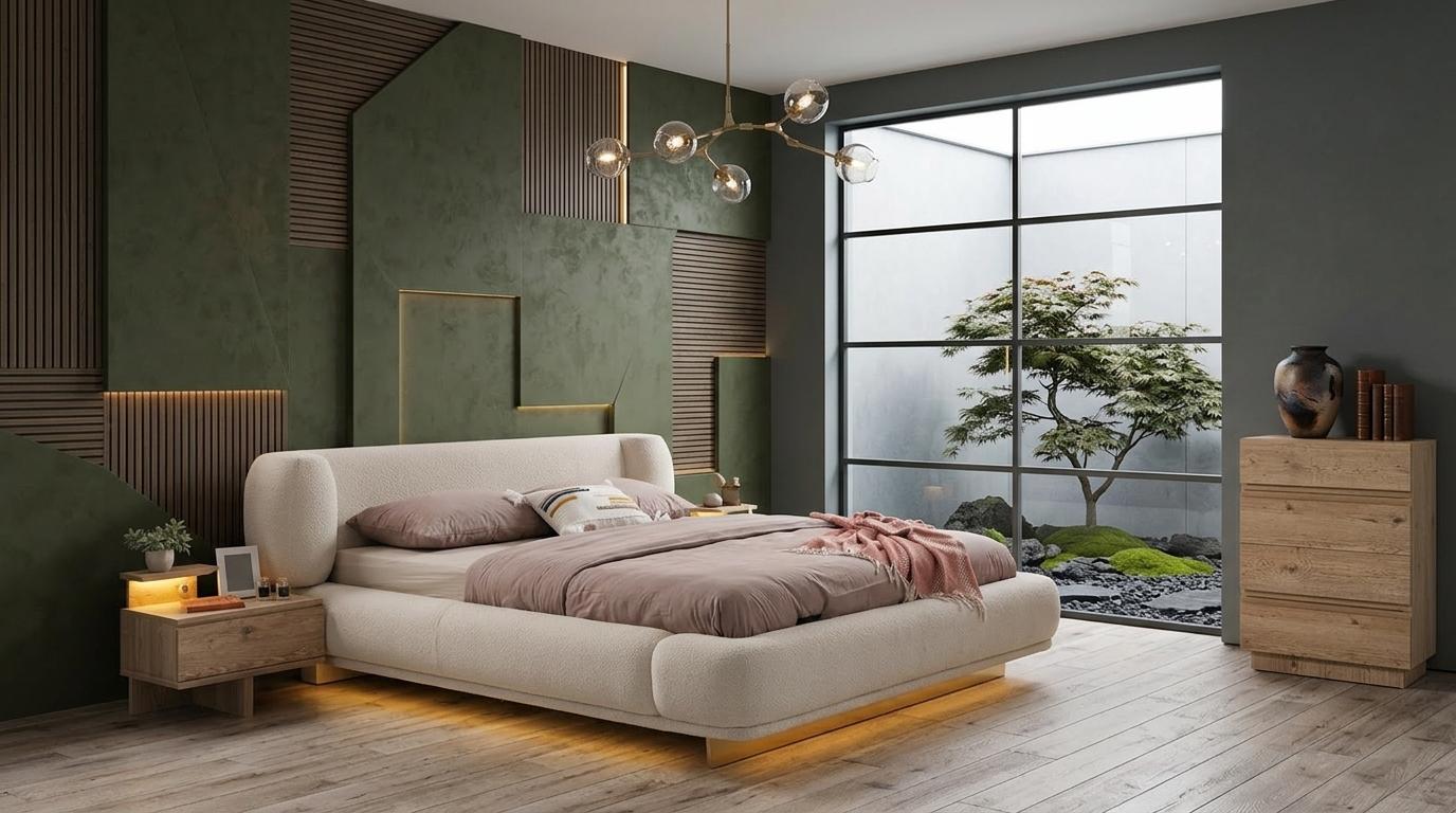 Bett 2x Nachttische Kommode Schlafzimmer Stil modern beige