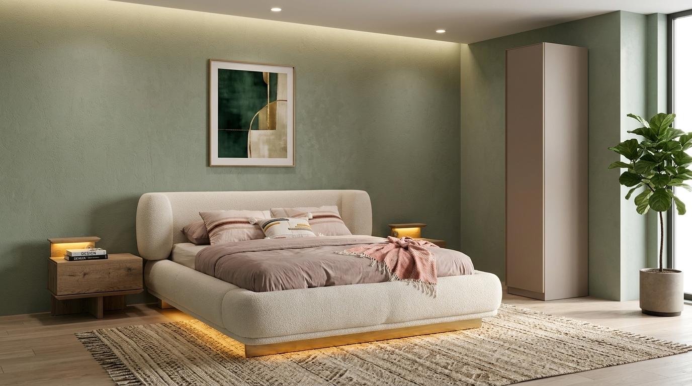Bett 2x Nachttische Einzelschrank Schlafzimmer Stil modern beige bequem