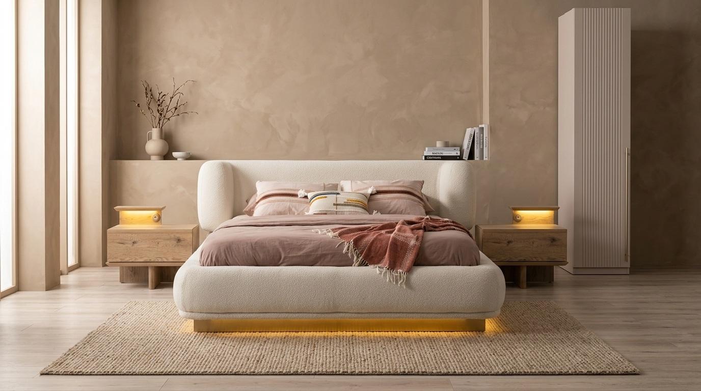 Bett 2x Nachttische Einzelschrank Schlafzimmer modern beige weich