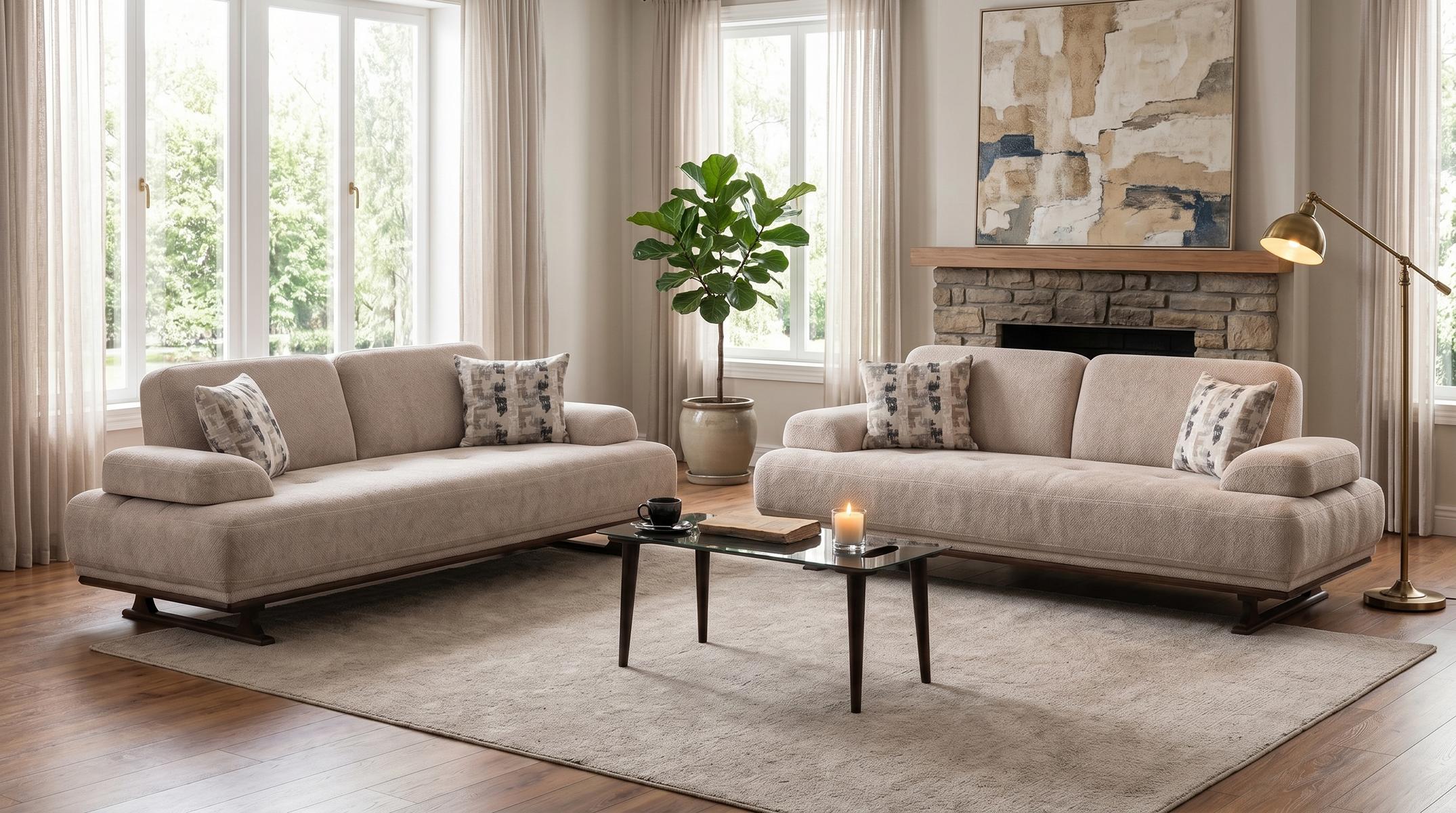 Zeitloses Wohnzimmer-Set mit 3+3-Sitzer und komfortabler Polsterung Beige