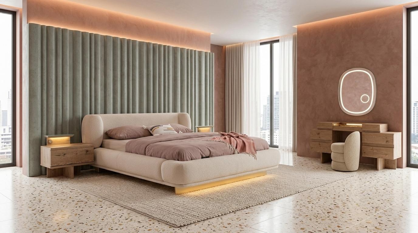 Bett 2x Nachttische Schminktisch Spiegel Pouf Stil modern beige bequem