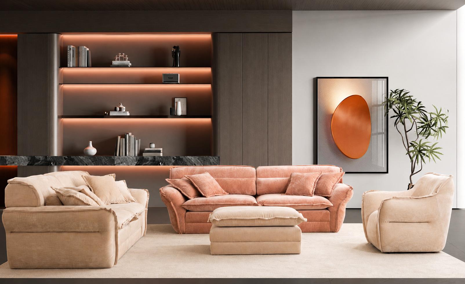 Braun-beiges Sofa-set 3-Sitzer Sofa Sessel Hocker Bequem Weich Modern