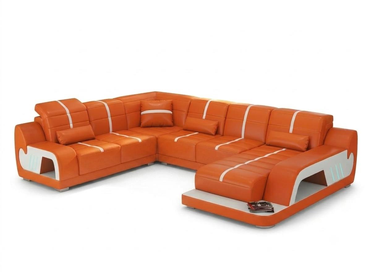 Oranger Ecksofa in U-Form aus Leder LED groß modern Wohnzimmer Polstermöbel *