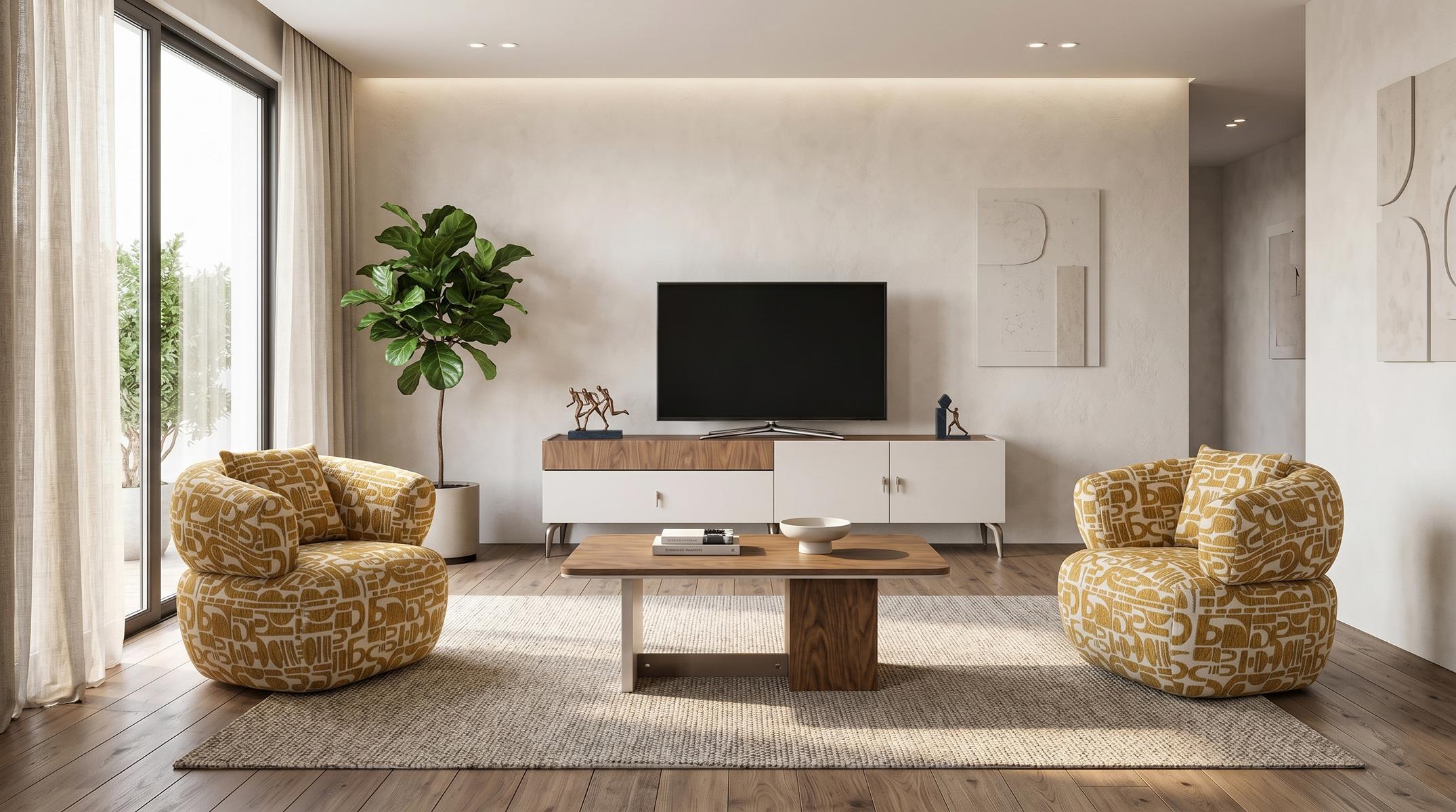 Sessel Set 1+1 Sitzer TV-Möbel Couchtisch Beige Muster Modern Polster