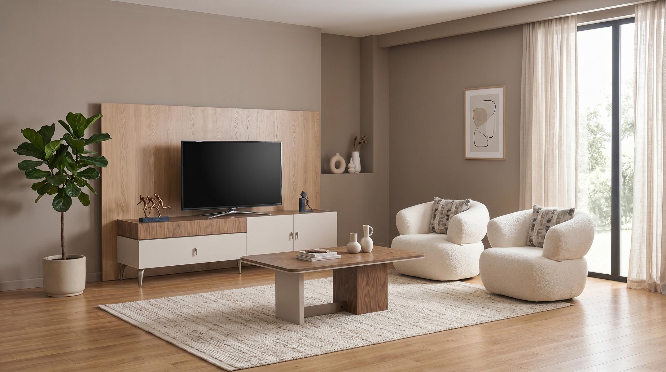 TV-Möbel Couchtisch Stühle(2x) Modern Beige Stilvoll Komfortabel Lounge