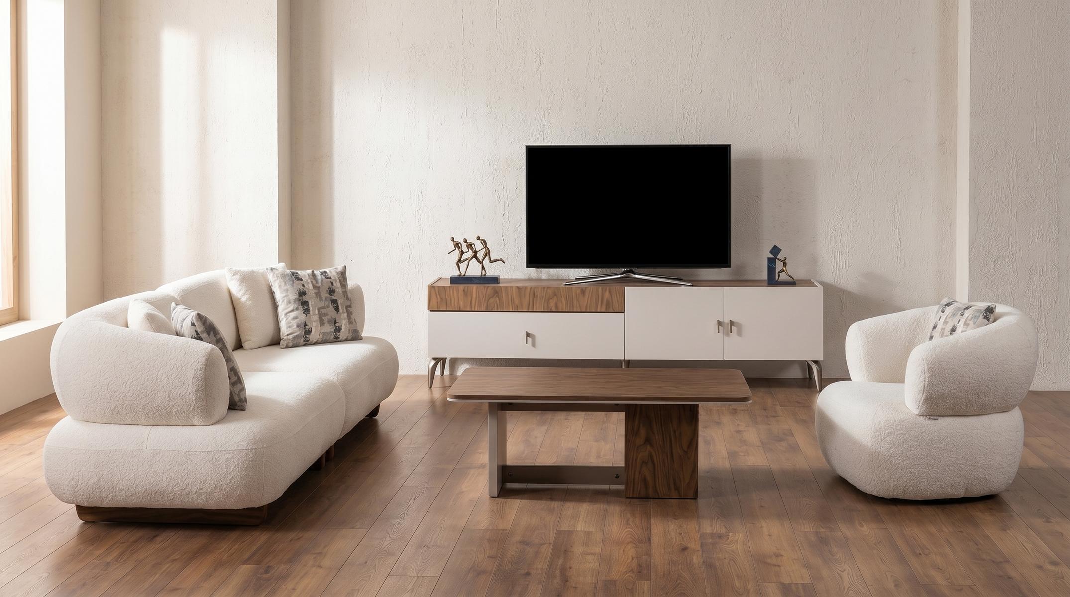 3-Sitzer Sofa TV-Möbel Couchtisch Sessel Modern Beige Stilvoll Komfortabel