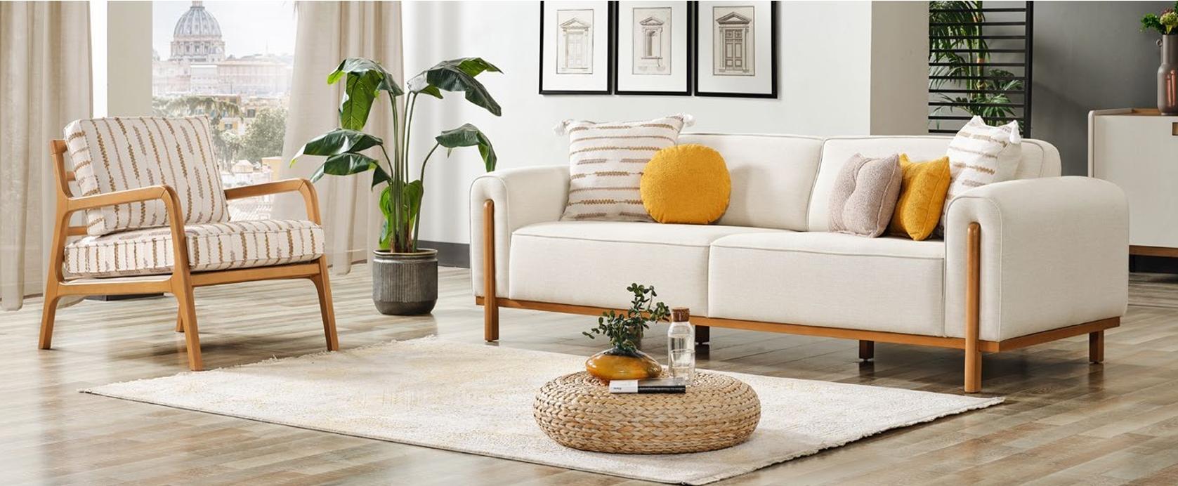 Helles 2-Sitzer-Sofa mit Sessel Holzrahmen im modernen Wohnstil