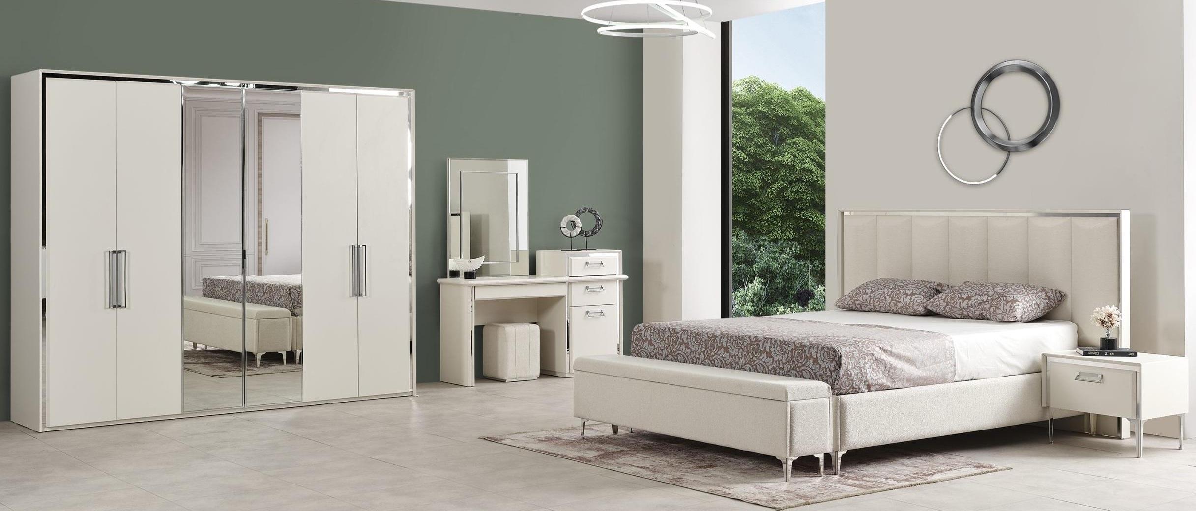 Weißes Schlafzimmer Set Bettrahmen Kopfteil Kleiderschrank Schminktisch