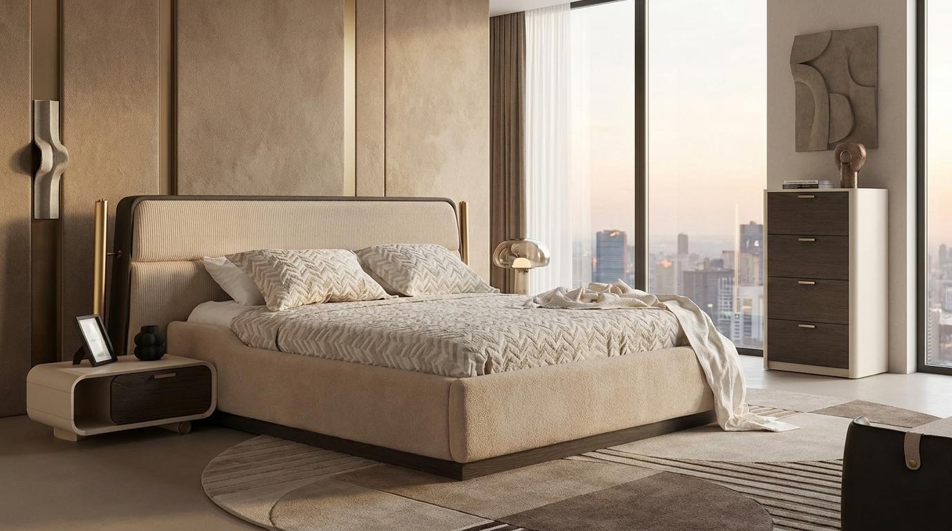 Bett 2x Nachttische Kommode Stil modern beige komfortabel Schlafzimmer