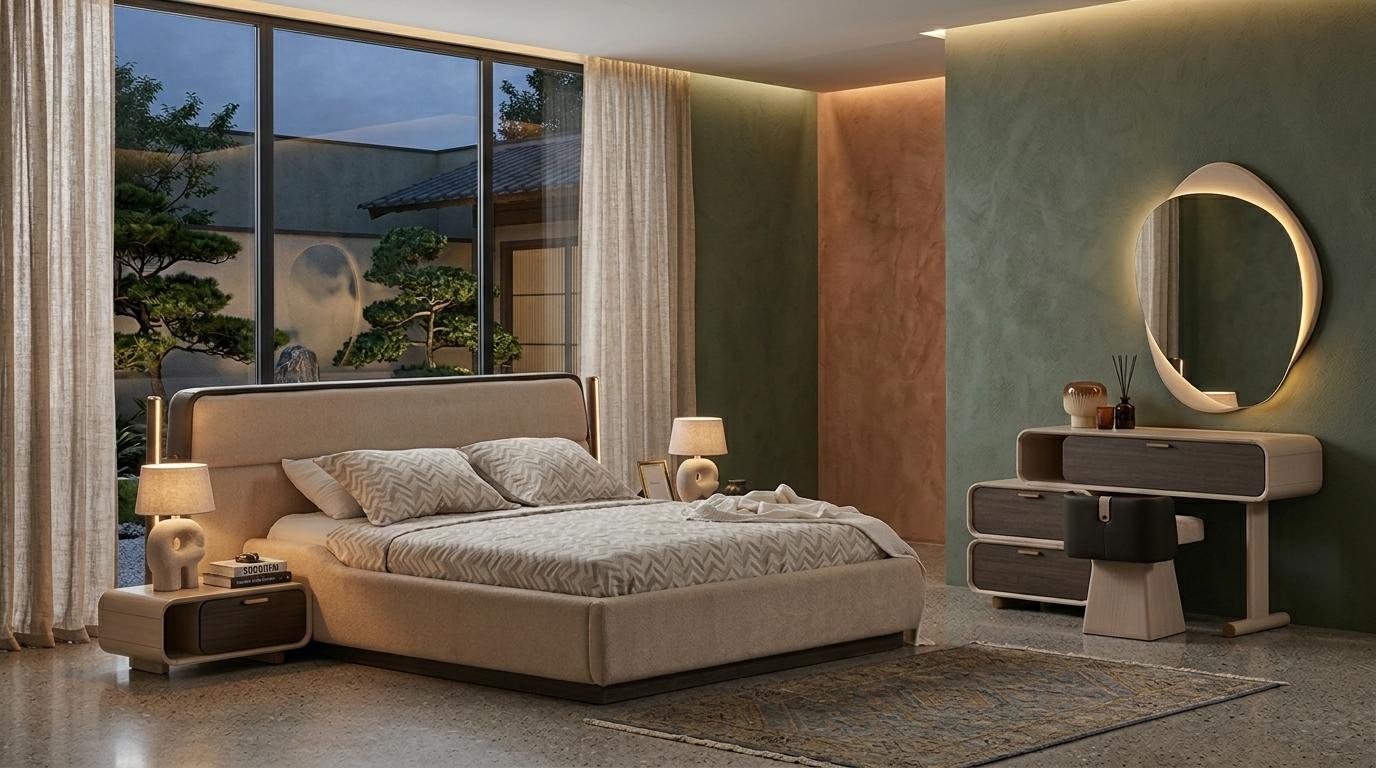Bett Nachttische Schminktisch Spiegel Pouf Stil modern beige praktisch