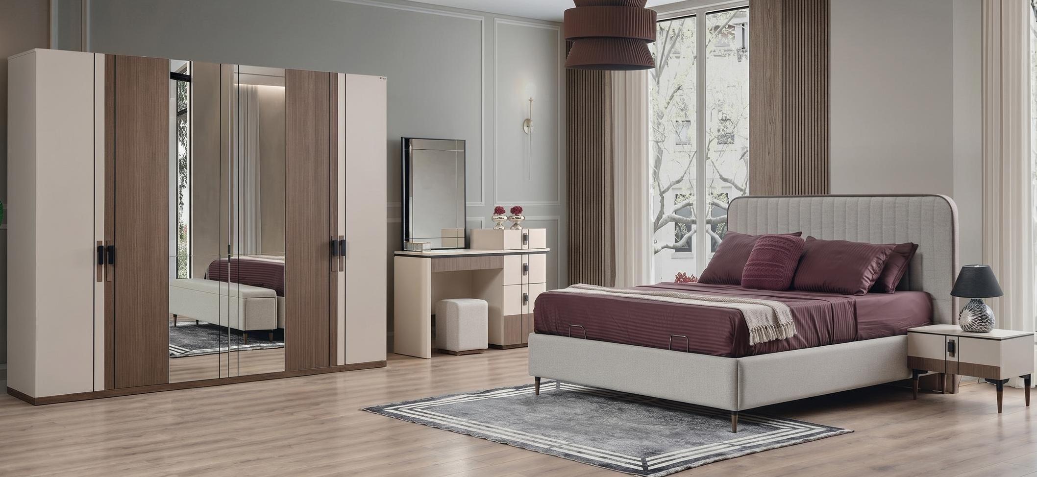 Beige-braunes Schlafzimmer-Set Bettrahmen Kopfteil Kleiderschrank Schminktisch